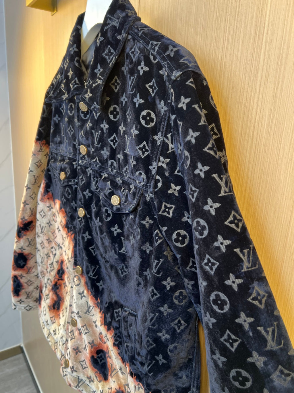 Louis Vuitton monogram jacket with side patchwork panel and multicolor distressed hem