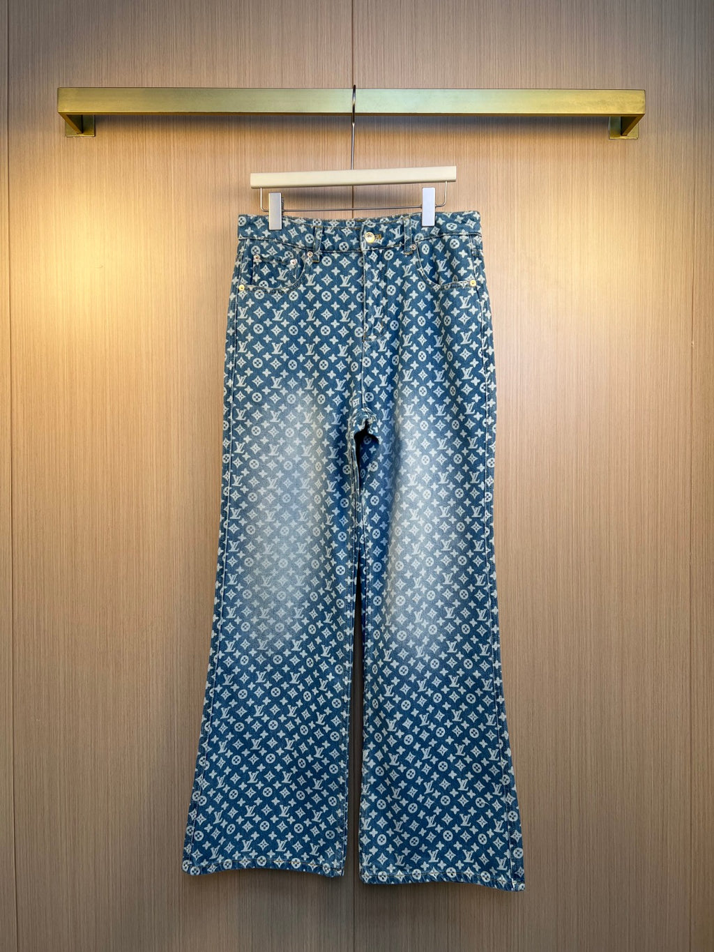 Blue monogram wide-leg pants with elastic waistband and belt loops