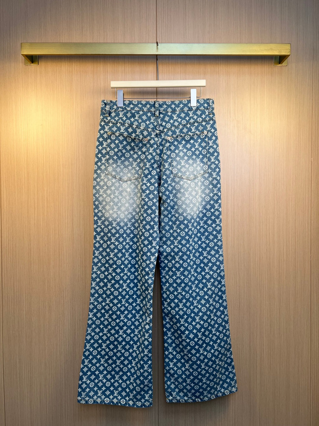 Blue monogram wide-leg pants with drawstring waist and belt loops