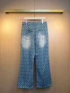 Blue monogram wide-leg pants with drawstring waist and belt loops