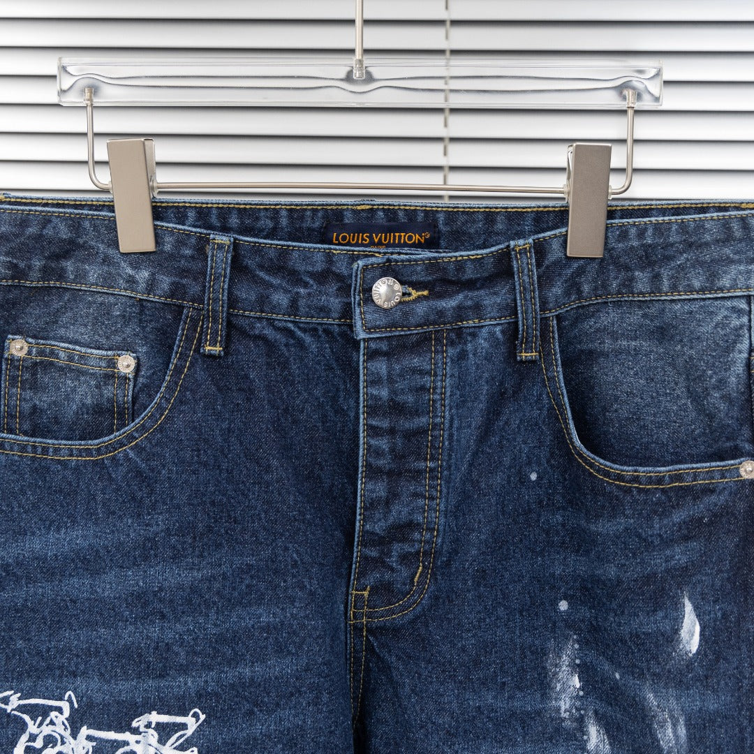 Front view of dark blue denim jeans with button waistband and dual front pockets