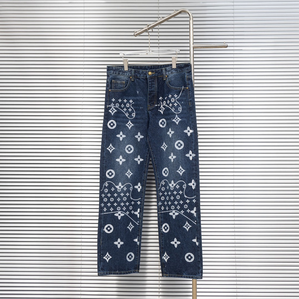 Louis Vuitton denim pants with allover white monogram pattern, straight leg