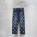 Louis Vuitton denim pants with allover white monogram pattern, straight leg