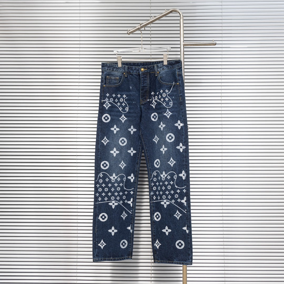 Louis Vuitton denim pants with allover white monogram pattern, straight leg