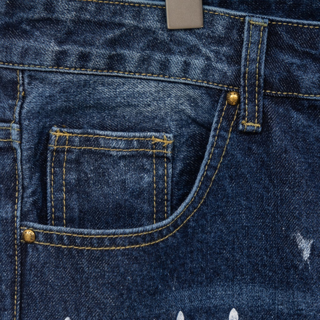 Denim pants front pocket with gold rivets and white monogram print