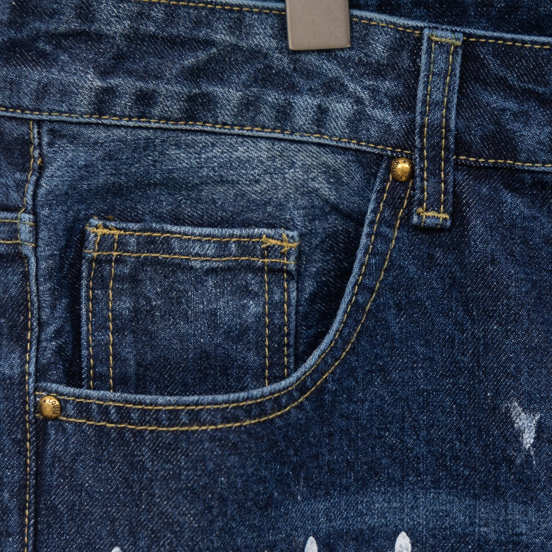Denim pants front pocket with gold rivets and white monogram print