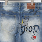Dior denim pants front pockets with star patch and DIOR text print
