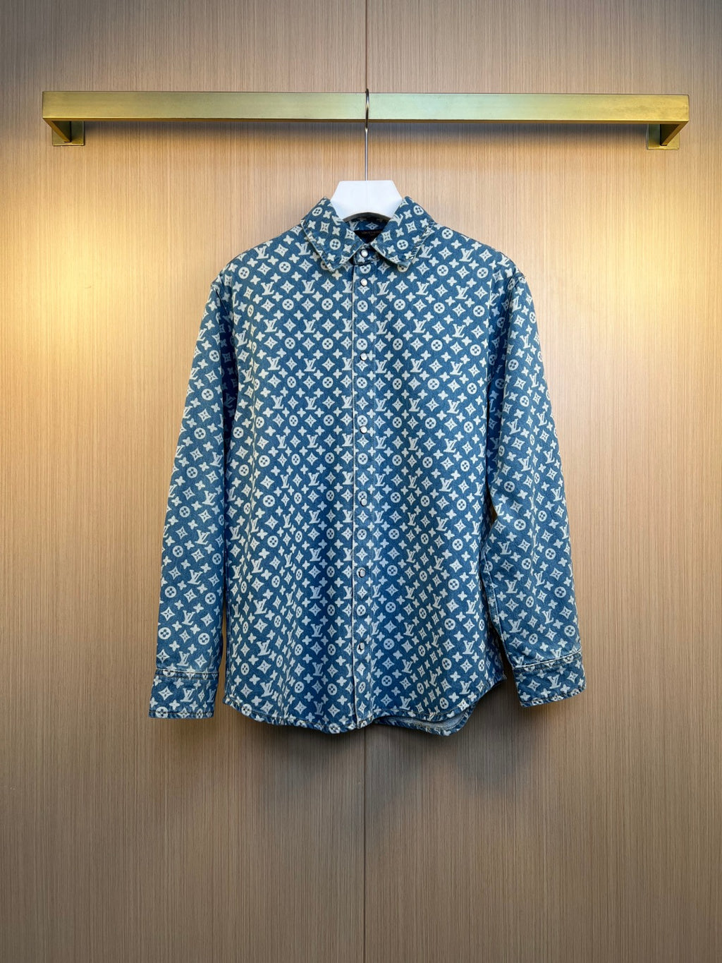 Louis Vuitton long-sleeve denim button-up shirt with allover monogram print, blue