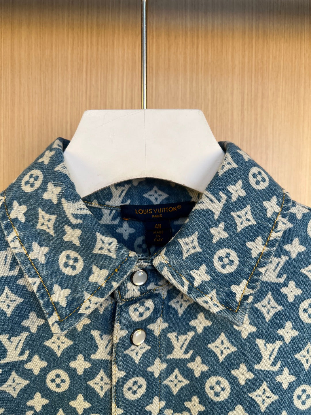 Louis Vuitton long-sleeve denim shirt neckline with collar, snap buttons, monogram print