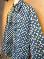 Louis Vuitton long-sleeve denim shirt with allover monogram print, collared back view