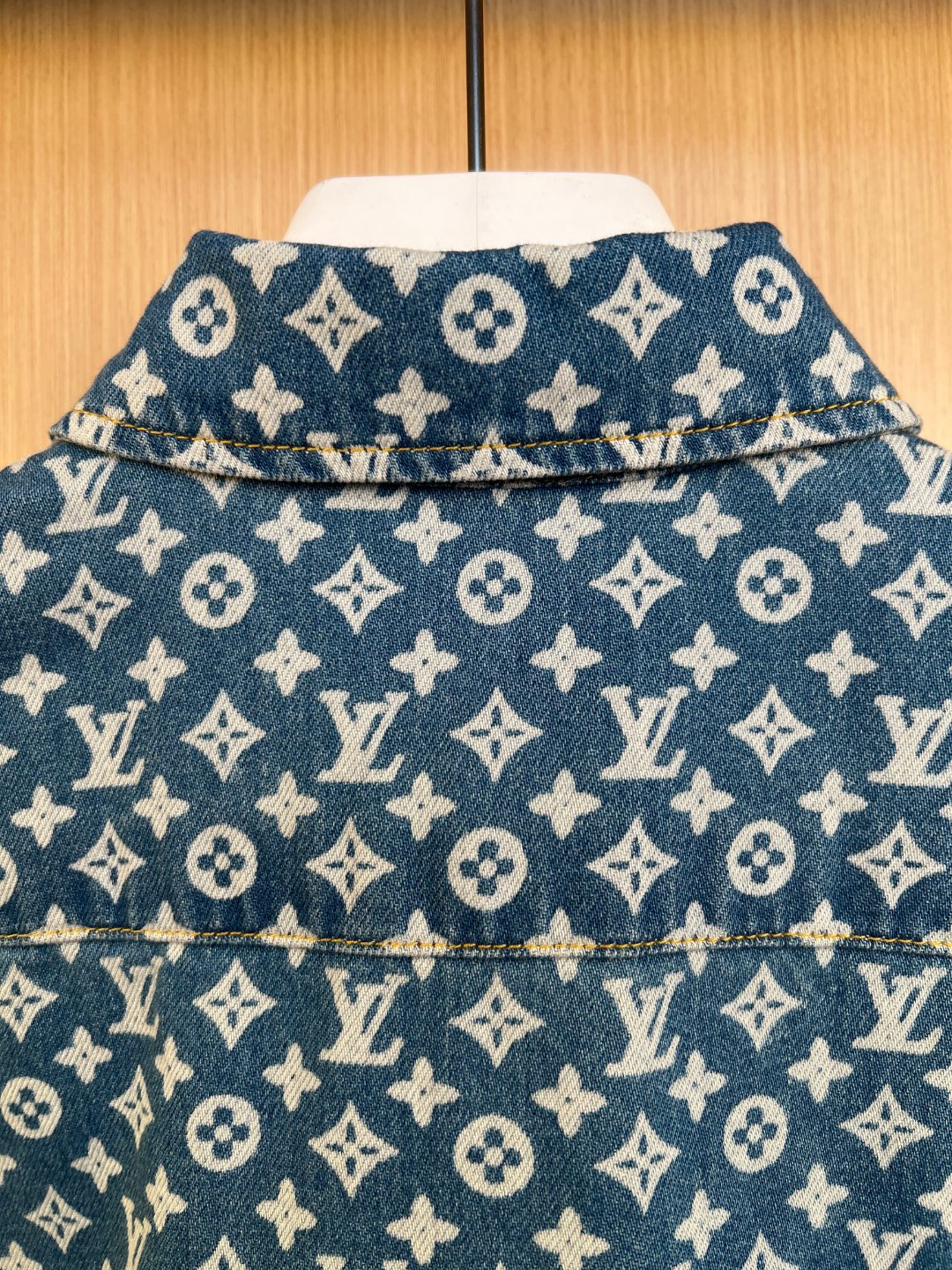Louis Vuitton denim shirt collar and upper front with monogram pattern and buttons