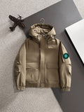 Lightweight hooded jacket in tan, front zip and two chest pockets