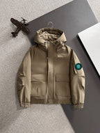 Lightweight hooded jacket in tan, front zip and two chest pockets