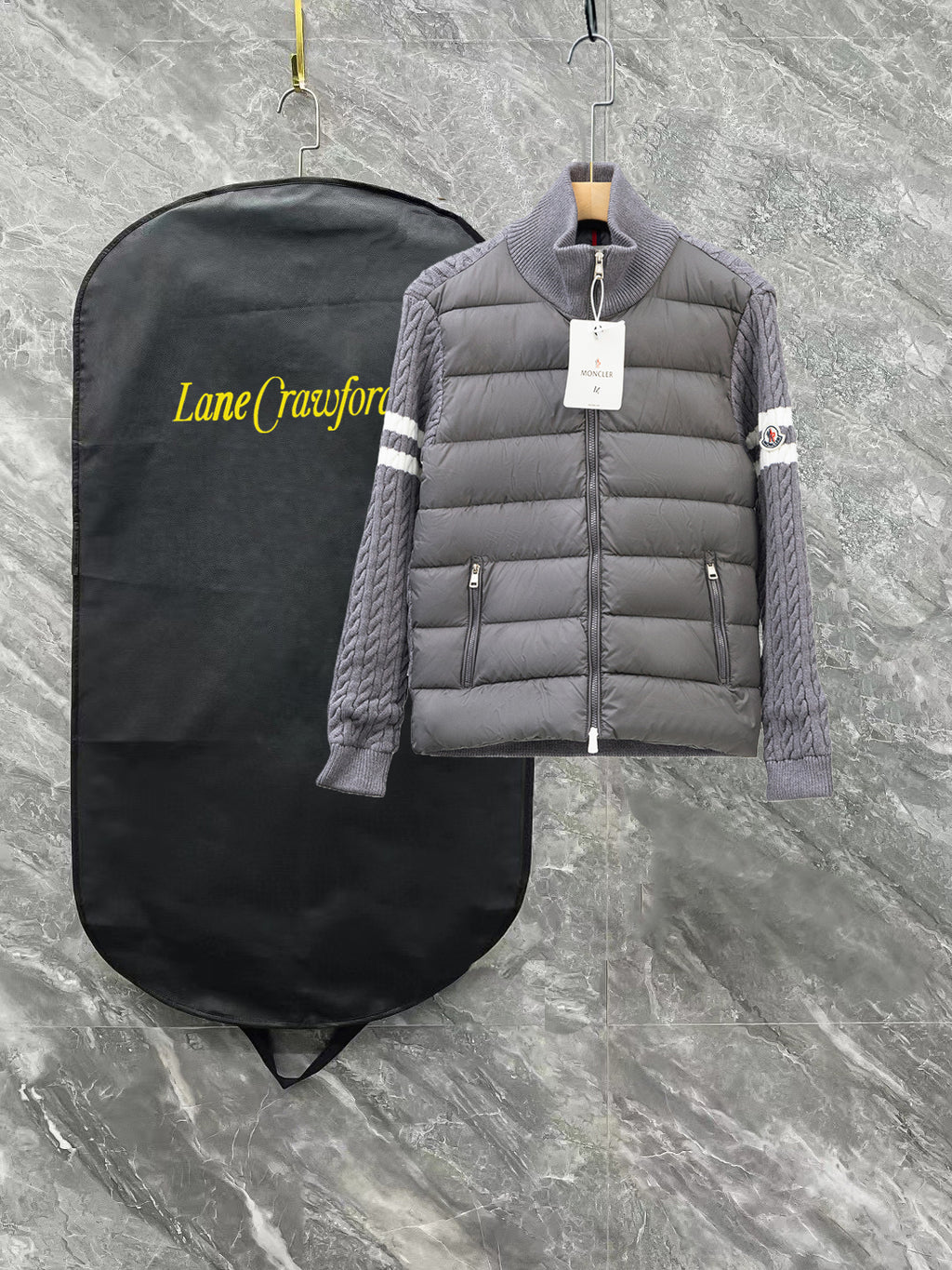 Moncler long puffer jacket with gray knit collar and front zipper