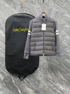 Moncler long puffer jacket with gray knit collar and front zipper