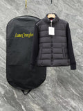 Moncler long black puffer jacket with full zip and stand collar, front view