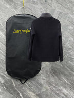 Moncler long black puffer jacket, back view with knit ribbed collar