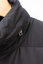 Moncler long black puffer jacket shoulder with metal snap strap detail