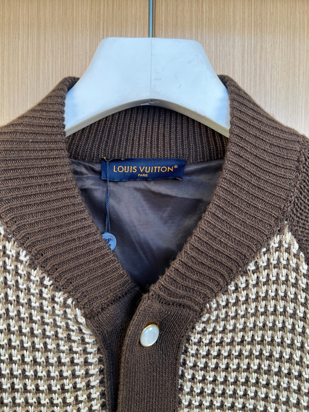 Brown knit cardigan collar with snap buttons and Louis Vuitton neck label