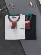 Gucci short-sleeve T-shirt set, white and black with green red striped collar trim