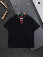 Gucci short-sleeve T-shirt, black with green red striped collar trim and logo tag