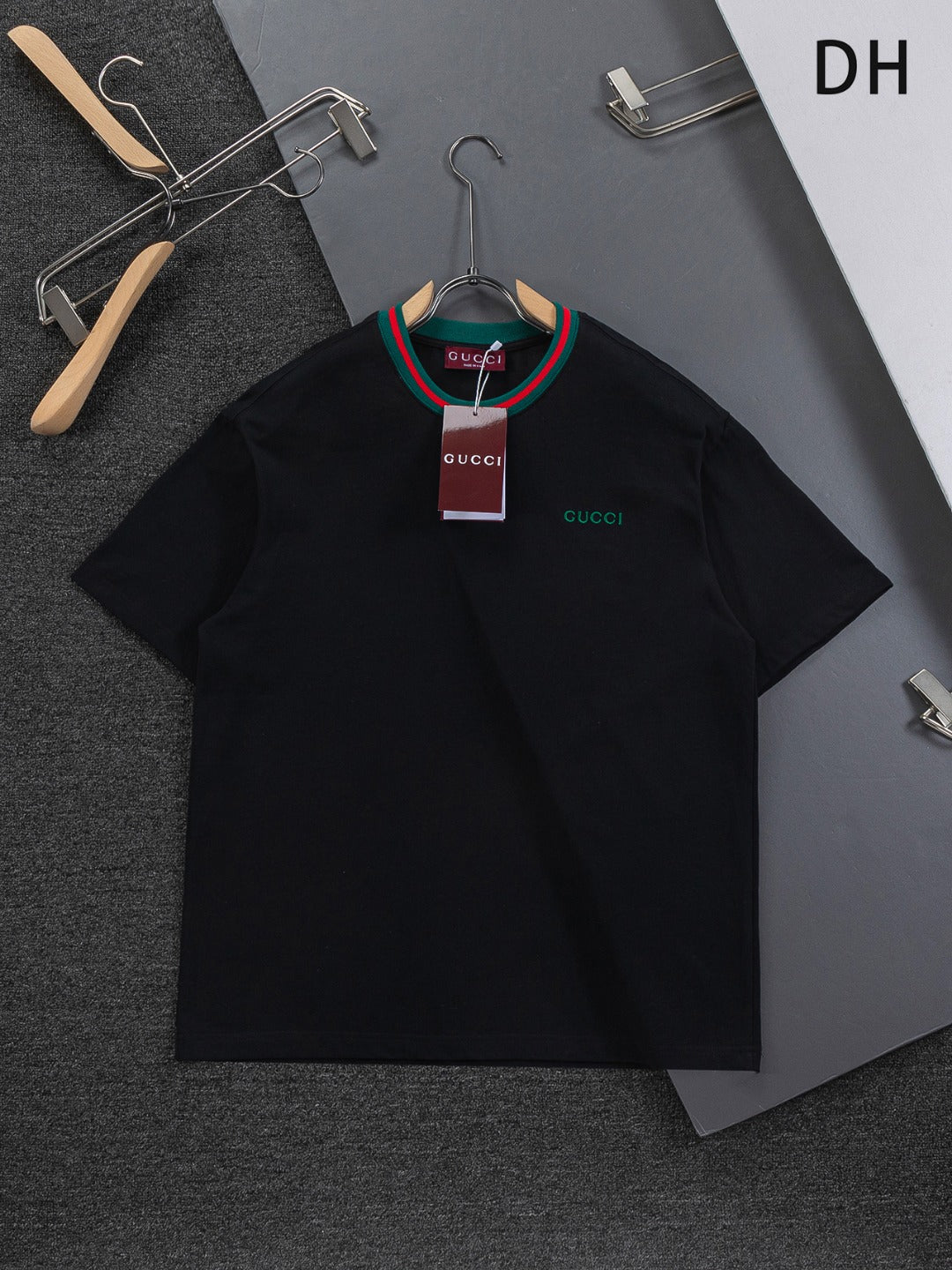 Gucci short-sleeve T-shirt, black with green red striped collar trim and logo tag