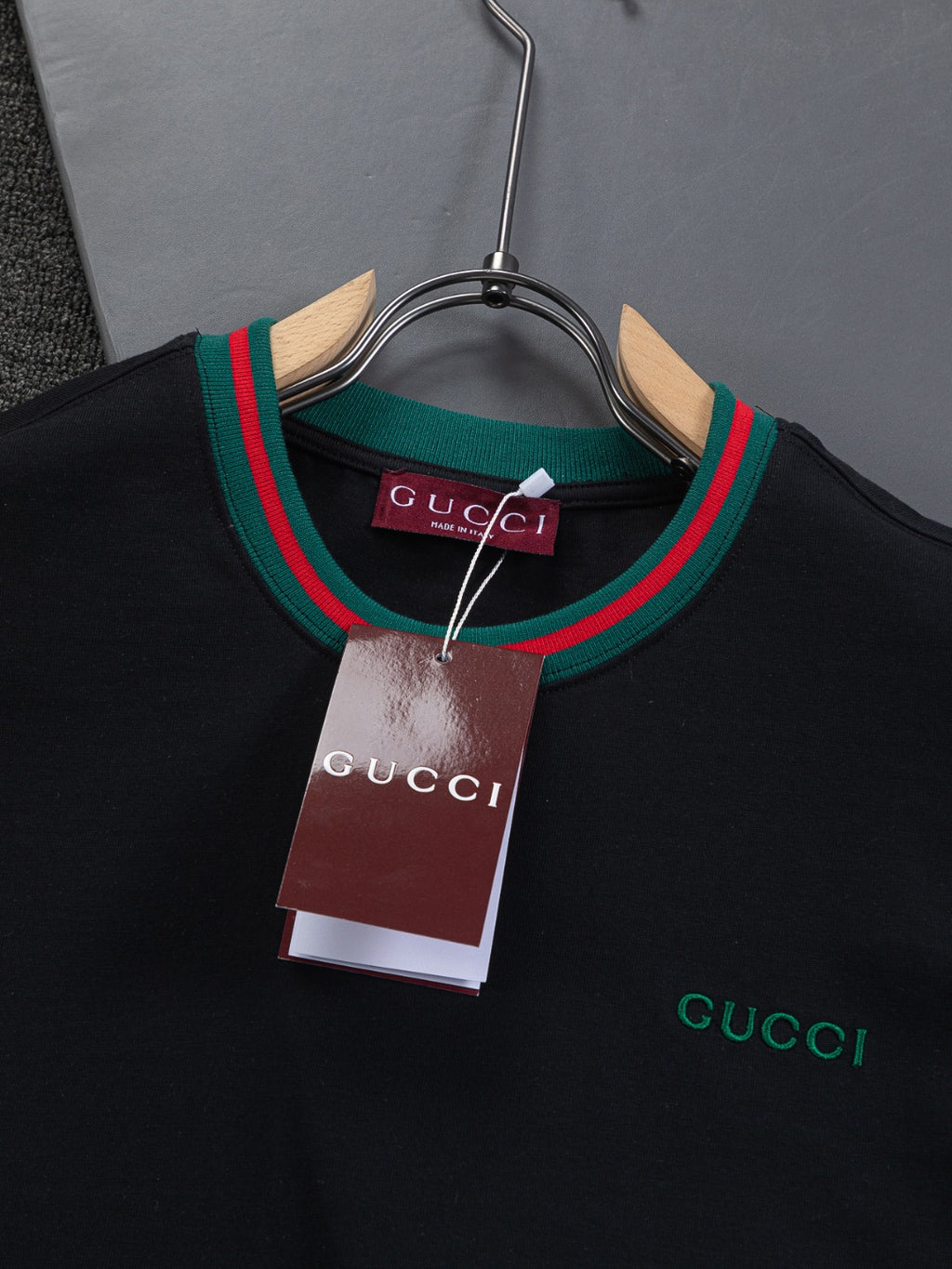 Gucci short-sleeve T-shirt on hanger, black with green red striped collar trim