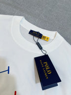 White T-shirt neckline with Polo Ralph Lauren label tag