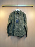 Long-sleeve button-up shirt in dark green with repeating monogram pattern, collared