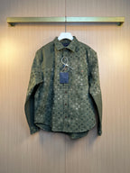 Long-sleeve button-up shirt in dark green with repeating monogram pattern, collared
