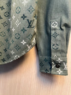 Close-up of shirt cuff and sleeve seam in dark green monogram pattern