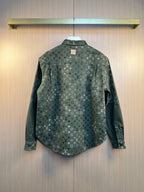 Back view long-sleeve button-up shirt in dark green monogram print