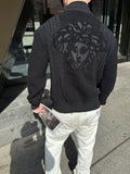 Black textured zip-up jacket with large back graphic, full-length zipper