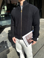 Black textured zip-up jacket with front zipper and stand collar, close-up