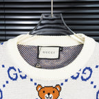 Gucci knit sweater collar with size tag and orange teddy bear patterned knit.