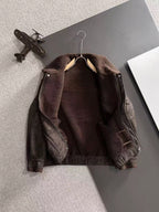 Brown shearling-collar jacket with inner lining and side zipper detail