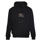 Black Burberry hoodie with front kangaroo pocket and drawstring hood.