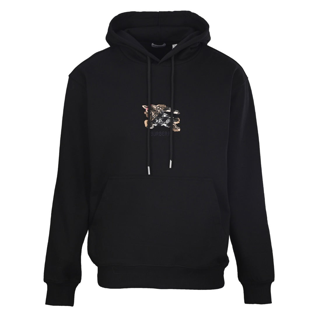 Black Burberry hoodie with front kangaroo pocket and drawstring hood.