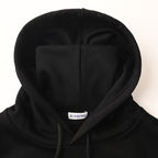 Black hoodie hood with stitched Burberry label at the neckline.