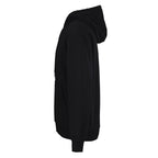 Black Burberry hoodie, side view with draped hood and long sleeves.