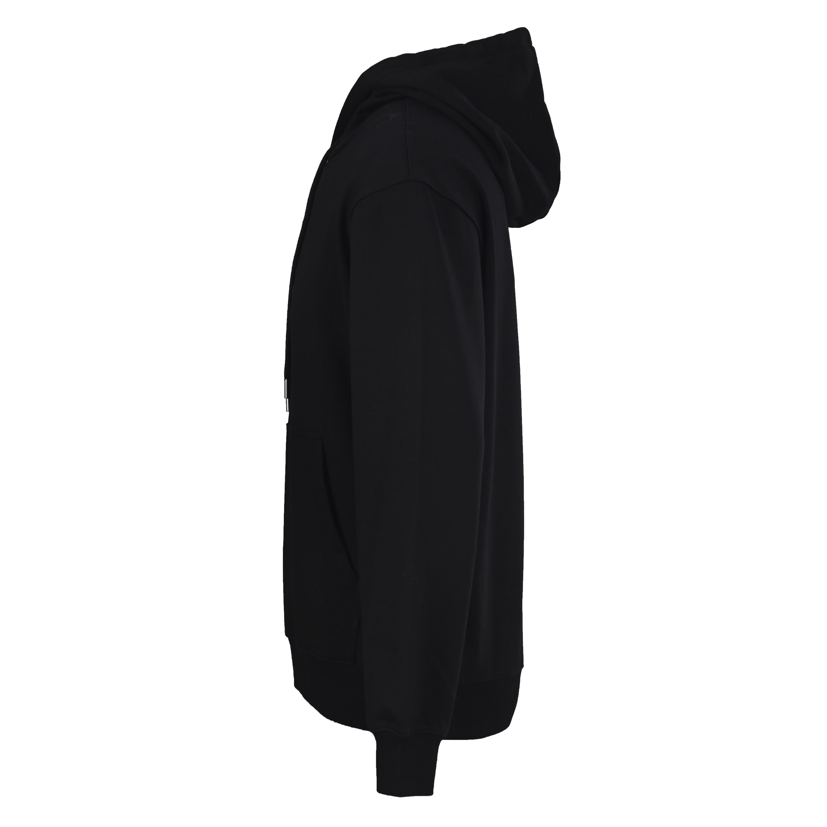 Black Burberry hoodie, side view with draped hood and long sleeves.