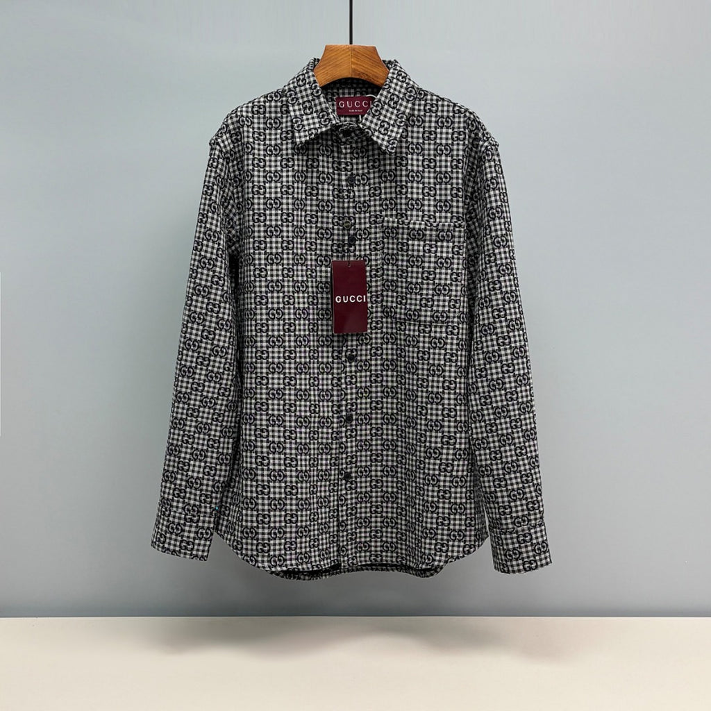 Black and white Gucci-pattern long-sleeve shirt with pointed collar and button placket