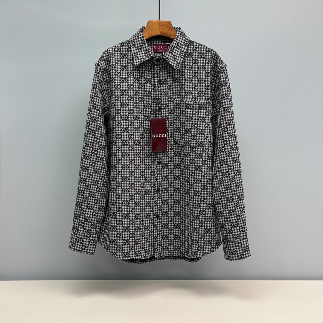 Black and white Gucci-pattern long-sleeve shirt with pointed collar and button placket