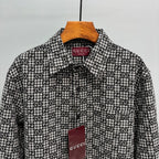Gucci-pattern long-sleeve shirt with pointed collar, black buttons, and logo trim