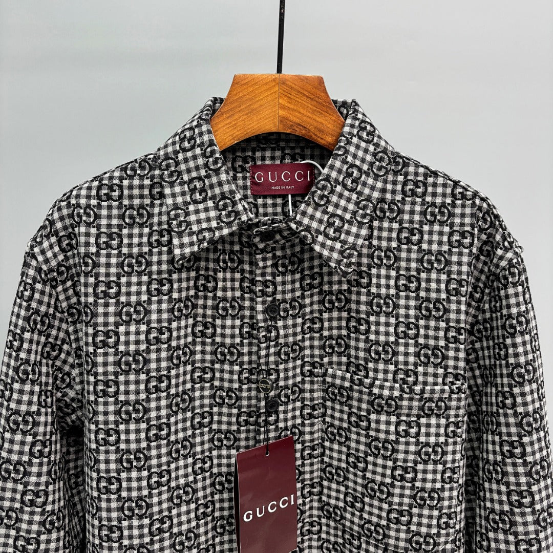 Gucci-pattern long-sleeve shirt with pointed collar, black buttons, and logo trim