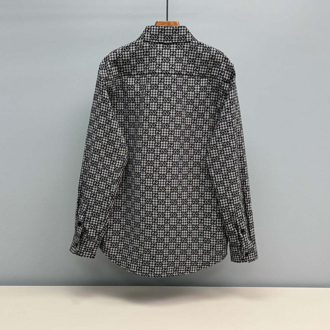 Black and white Gucci-pattern long-sleeve shirt, rear view with button closure