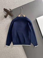 Moncler navy knit pullover back view on hanger