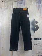 Black denim pants with waistband button and front fly, no visible pattern