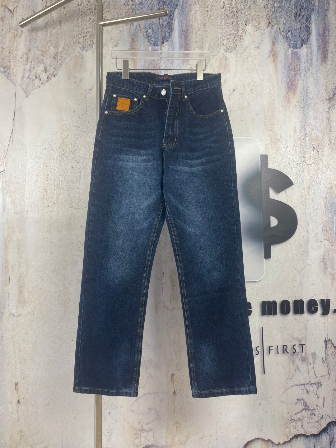 Louis Vuitton denim pants, dark blue wash, front pockets, button closure