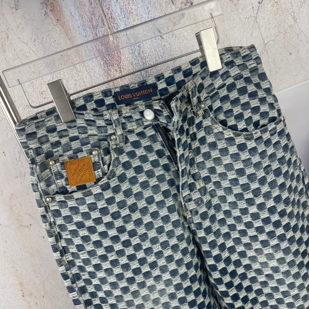 Louis Vuitton check denim pants, front close-up with buttons and topstitching